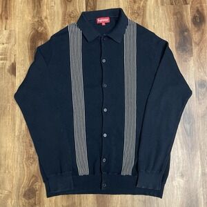 Supreme Polo Cardigan Sweater Navy Blue Striped 2012 Cotton Men's XL